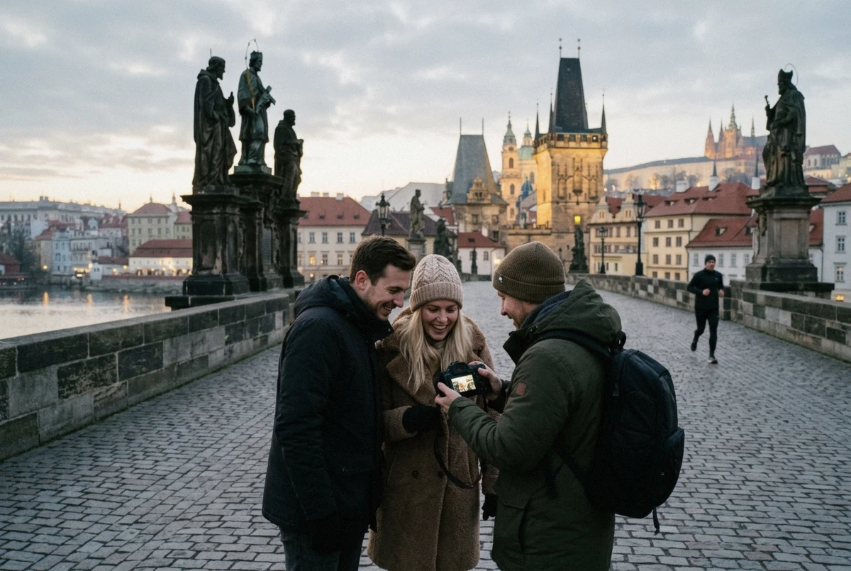A photographer showing the camera screen to a couple on an empty Charles Bridge at first light, the best known of the Prague photo spots