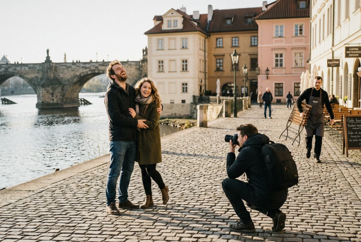 A couple laughing mid-pose on the Kampa cobbles while a photographer frames them, the question of whether a Prague photoshoot is worth it in one frame