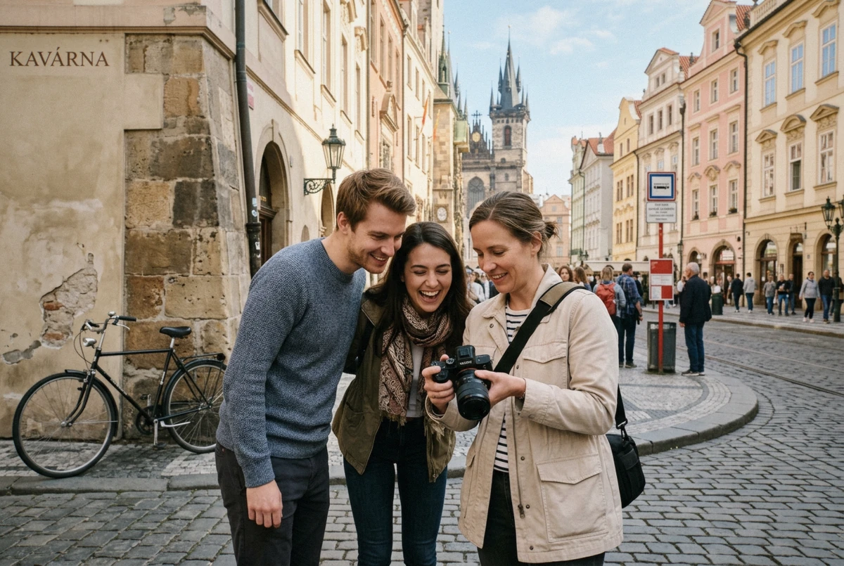A photographer showing the camera screen to a couple on a sunlit Old Town street, checking the Prague photoshoot cost they paid