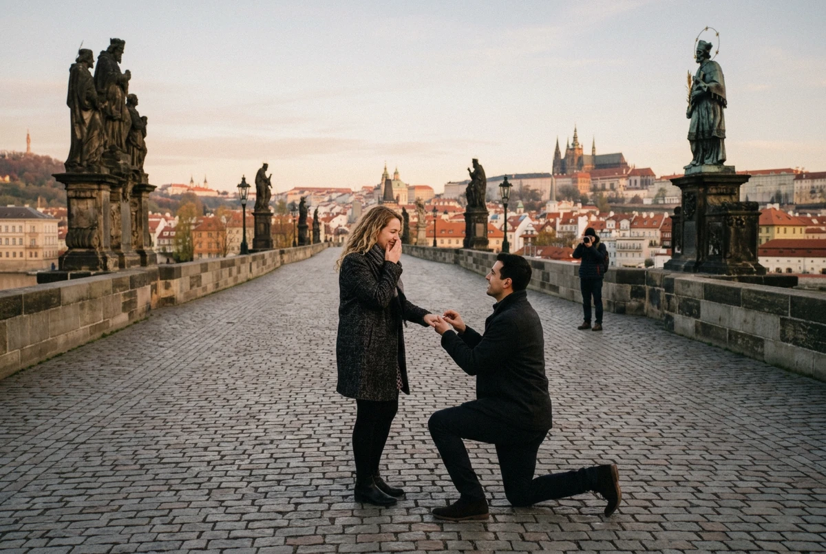A man proposing on an empty Charles Bridge at sunrise while a Prague proposal photographer frames the moment from a distance
