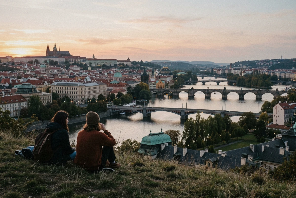 Sunset over Prague from Letná Park with four bridges on the Vltava, the best of the panoramic Prague photo spots