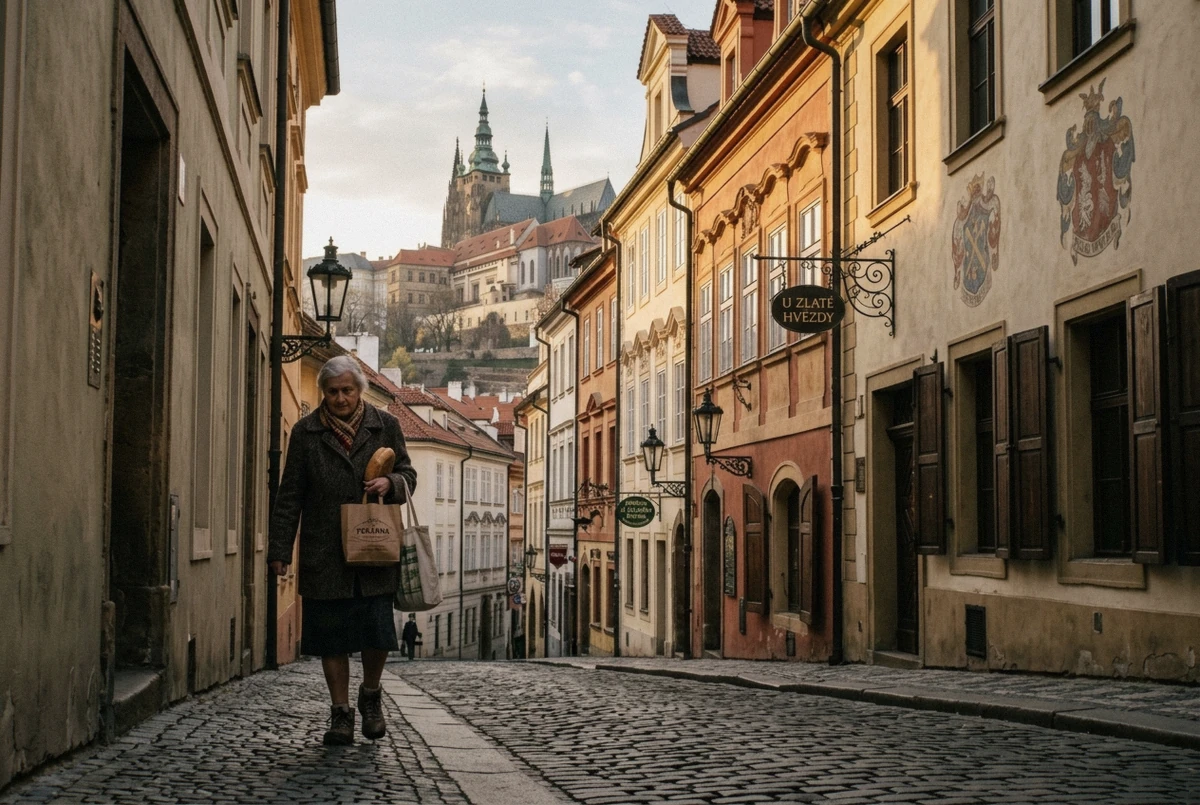 A narrow cobbled Malá Strana lane climbing toward the castle hill in late afternoon light, a Prague photoshoot location
