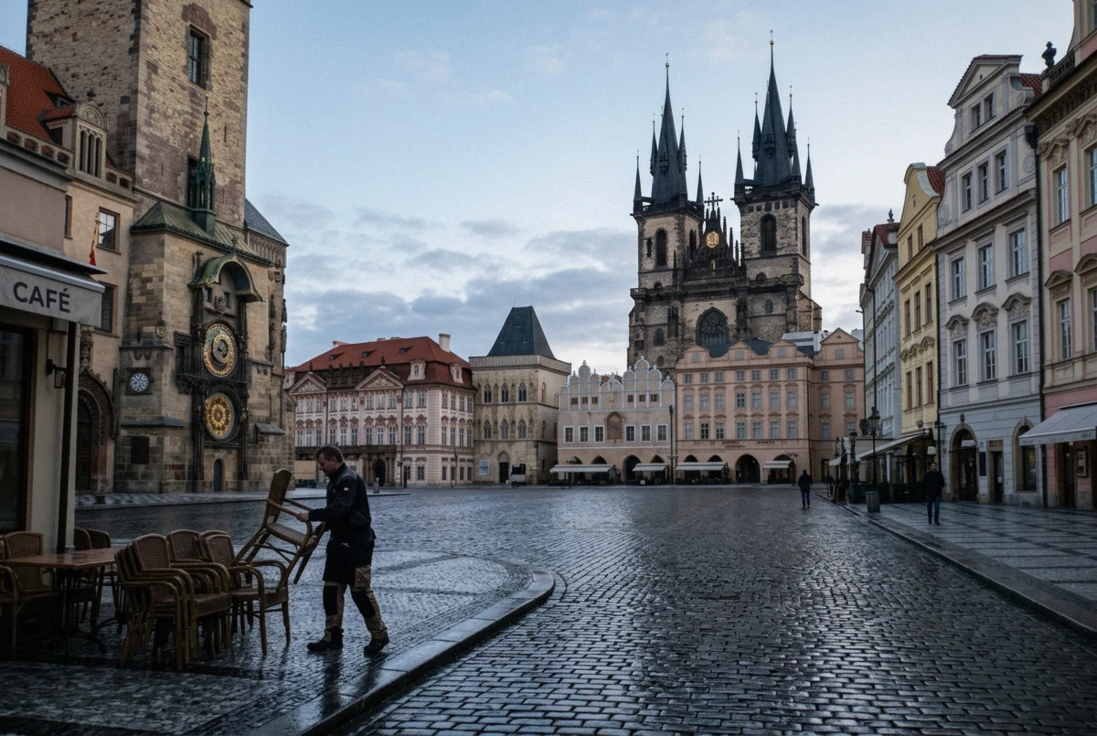 Old Town Square in early light with the Astronomical Clock tower and the Týn Church spires above pastel facades, a Prague photoshoot location