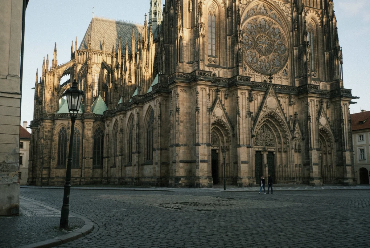 St Vitus Cathedral's Gothic west front above the cobbled Castle forecourt, a Prague photoshoot location on the Hradčany hill