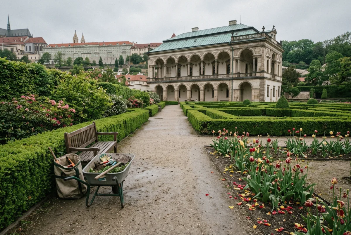 Clipped hedges and gravel paths leading to the Renaissance summer palace in the Royal Garden, a seasonal Prague photoshoot location